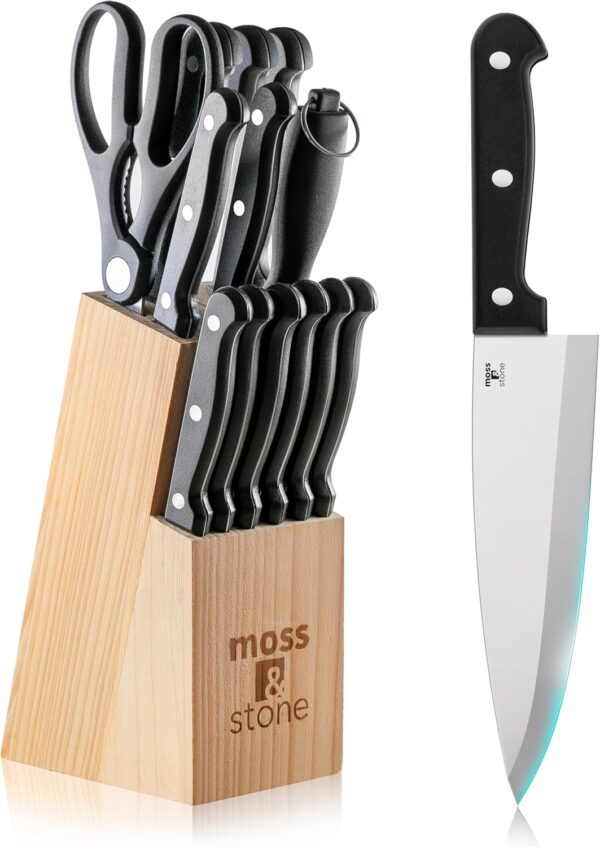 Moss & Stone 14-piece Knife Block Set, Stainless Steel Knife...