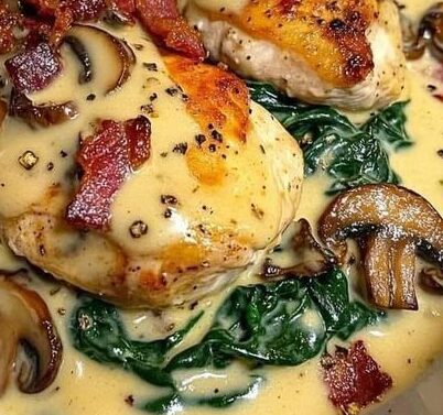 Smothered Chicken with Creamed Spinach Bacon And Mushrooms